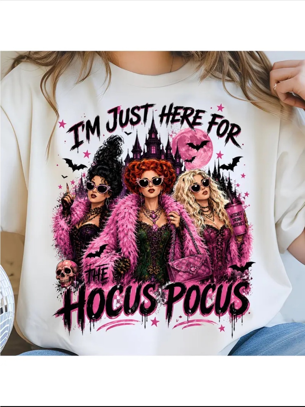 I'm Just Here For The Hocus Pocus Shirt - White with Pink Artwork